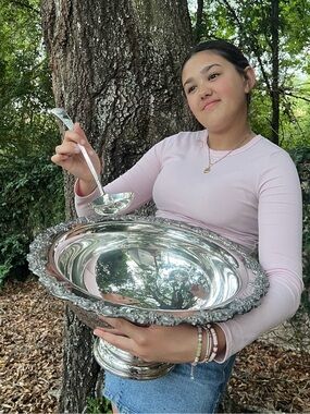 Vintage 1950's Large Silver Plate Punch Bowl & Ladle, Sheridan, Footed 18” Bowl